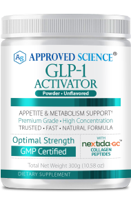 Approved Science GLP-1 bottle image. Powdered. Unflavored. Appetite & Metabolism Support.